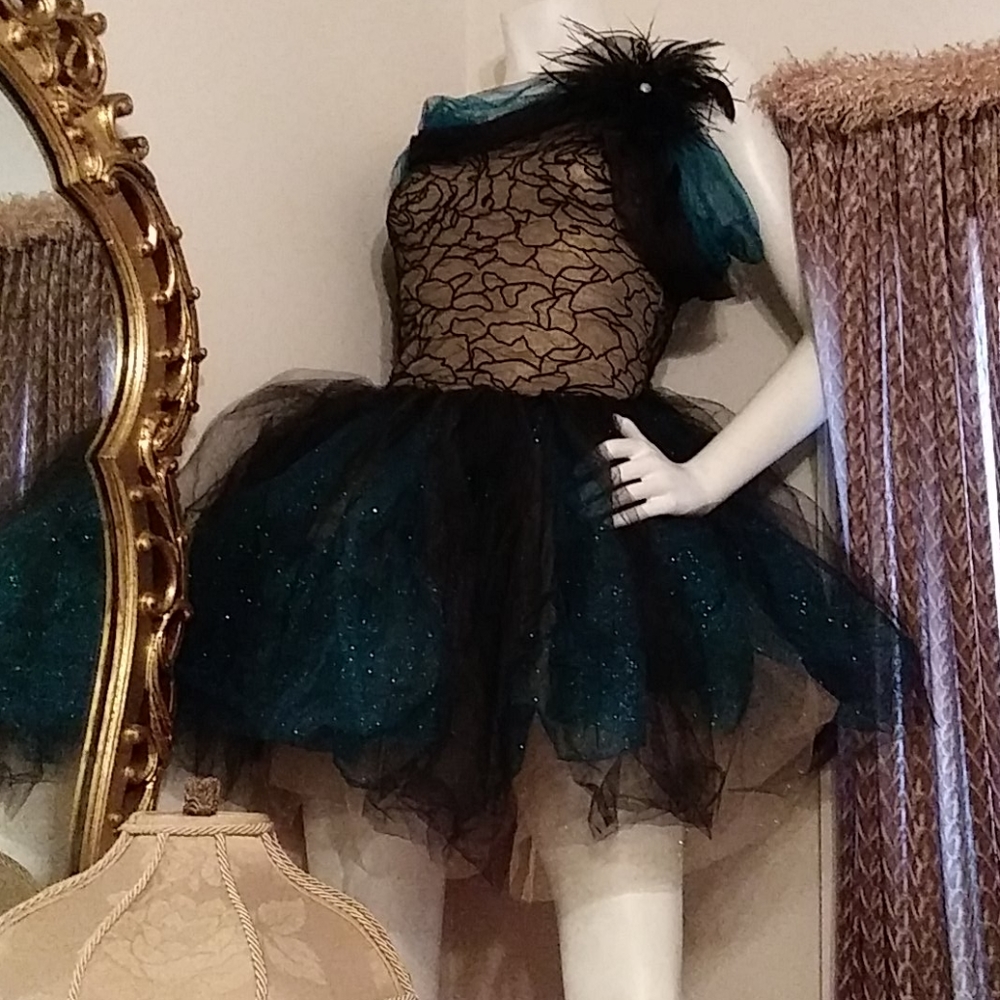 Teal and Black Tulle Cocktail Dress with Feather Accent